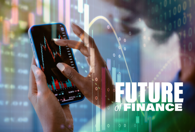 A person using a smartphone displaying a financial chart, surrounded by abstract digital graphs and text reading "Future of Finance."