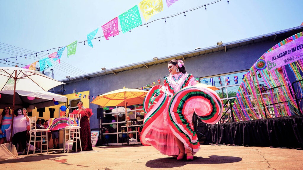 female dancer wearing a pink dress performing outside