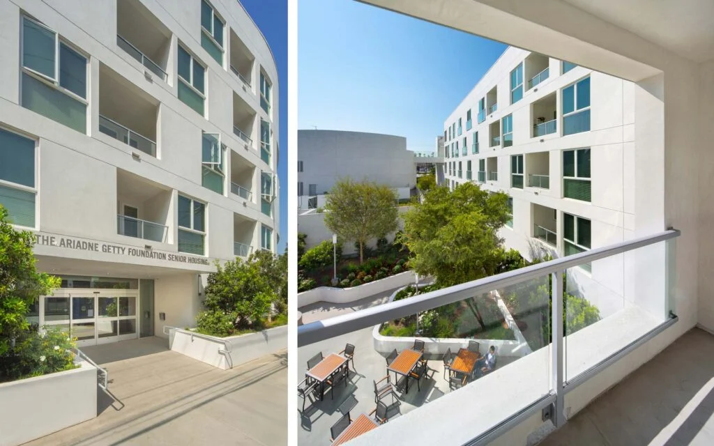 Exterior shots of the Ariadne Getty Senior Housing building on the Anita May Rosenstein campus