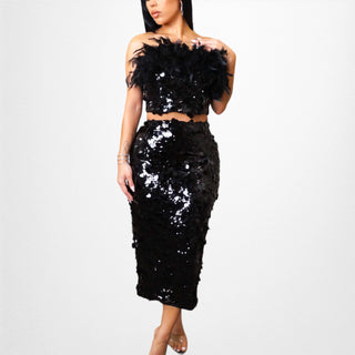 Monaco Sequin Skirt and Feather Top Set - La Luz Boutique