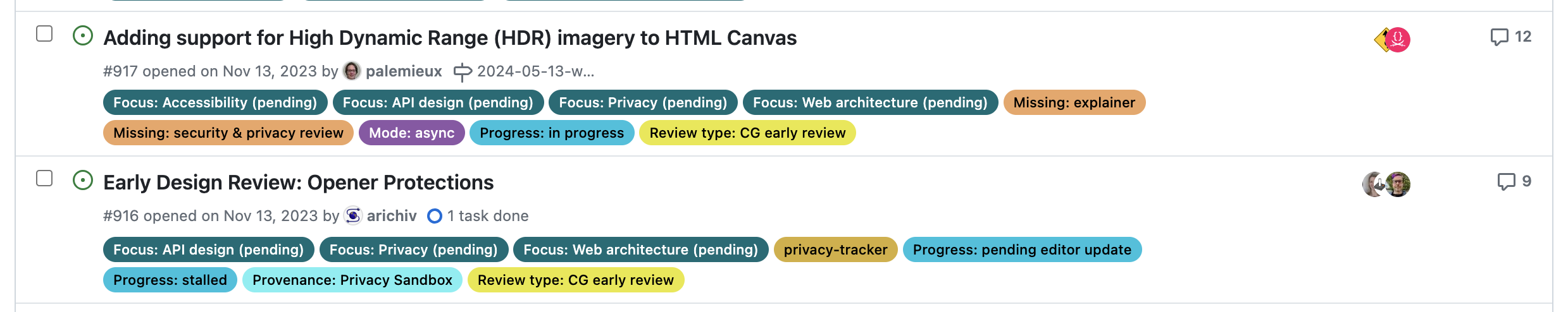 Screenshot from GitHub issues showing many different labels with different colors