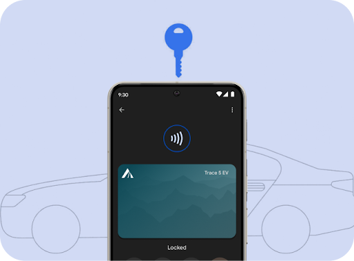 Un téléphone affiche l'interface d'une application de contrôle d'une voiture. L'écran indique "Verrouillé" et un symbole de clé se trouve au-dessus du téléphone.