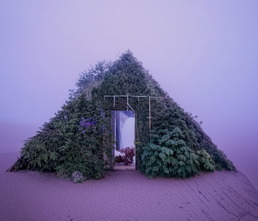 Uma casa com um plano de fundo roxo