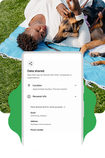 Una persona è sdraiata su una coperta sull'erba in compagnia del proprio cane guida. Sta usando uno smartphone Android. All'immagine si sovrappone parzialmente l'overlay grafico del contorno di uno smartphone Android contenente i dettagli dei dati condivisi con le app, inclusi i dati sulla posizione e le informazioni personali. È inoltre presente una sezione che mostra il motivo della condivisione dei dati.