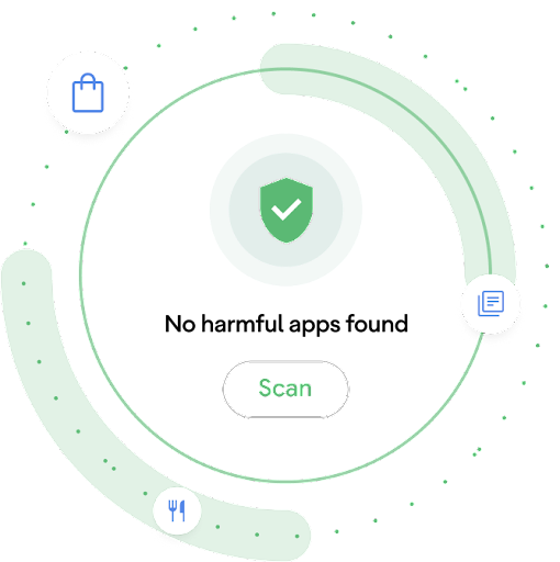 Une animation circulaire avec le symbole de balayage et du texte au centre. Avec le message « Aucune application nuisible n'a été détectée ».