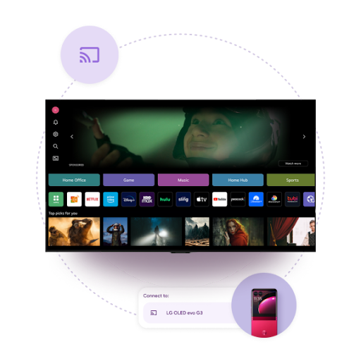 Un écran de télévision affiche l'interface Google TV et une icône Cast dans le coin. En dessous se trouve un smartphone affichant le message "Se connecter à : LG OLED evo G3" pour montrer un appareil associé.
