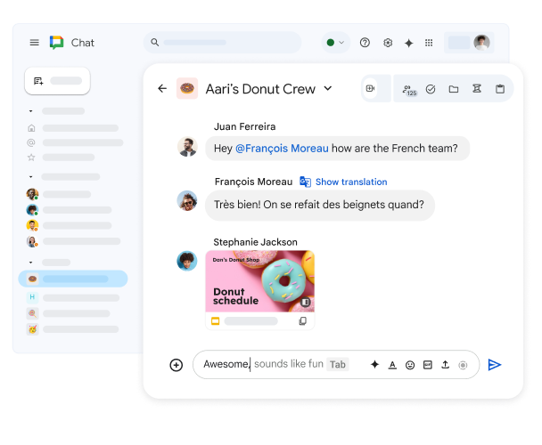 標題為「阿丹甜甜圈工作人員」的 Google Chat 聊天室，內有一份共用的 Google 簡報檔案和一則法文訊息，訊息旁邊有可以顯示翻譯的選項。