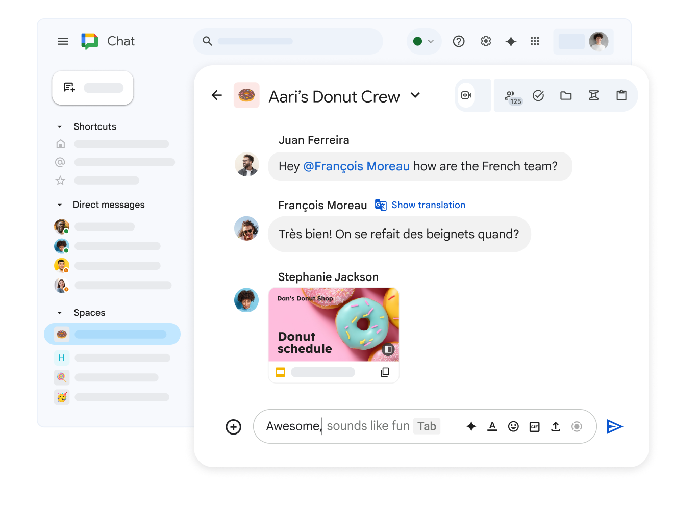 標題為「阿丹甜甜圈工作人員」的 Google Chat 聊天室，內有一份共用的 Google 簡報檔案和一則法文訊息，訊息旁邊有可以顯示翻譯的選項。