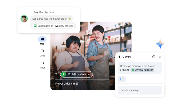 İki çalışan, şirket için envanter e-tablosundan e-posta üretmesi için Gemini'ı kullanıyor.