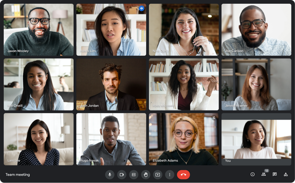 12 participants à une visioconférence Meet, affichés sous forme de grille 4x3