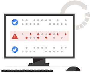 Ilustración de un monitor de computadora con 3 filas de datos. Las filas superior y la inferior tienen marcas de verificación azules a la izquierda, mientras que la fila del medio tiene un triángulo rojo con un signo de exclamación