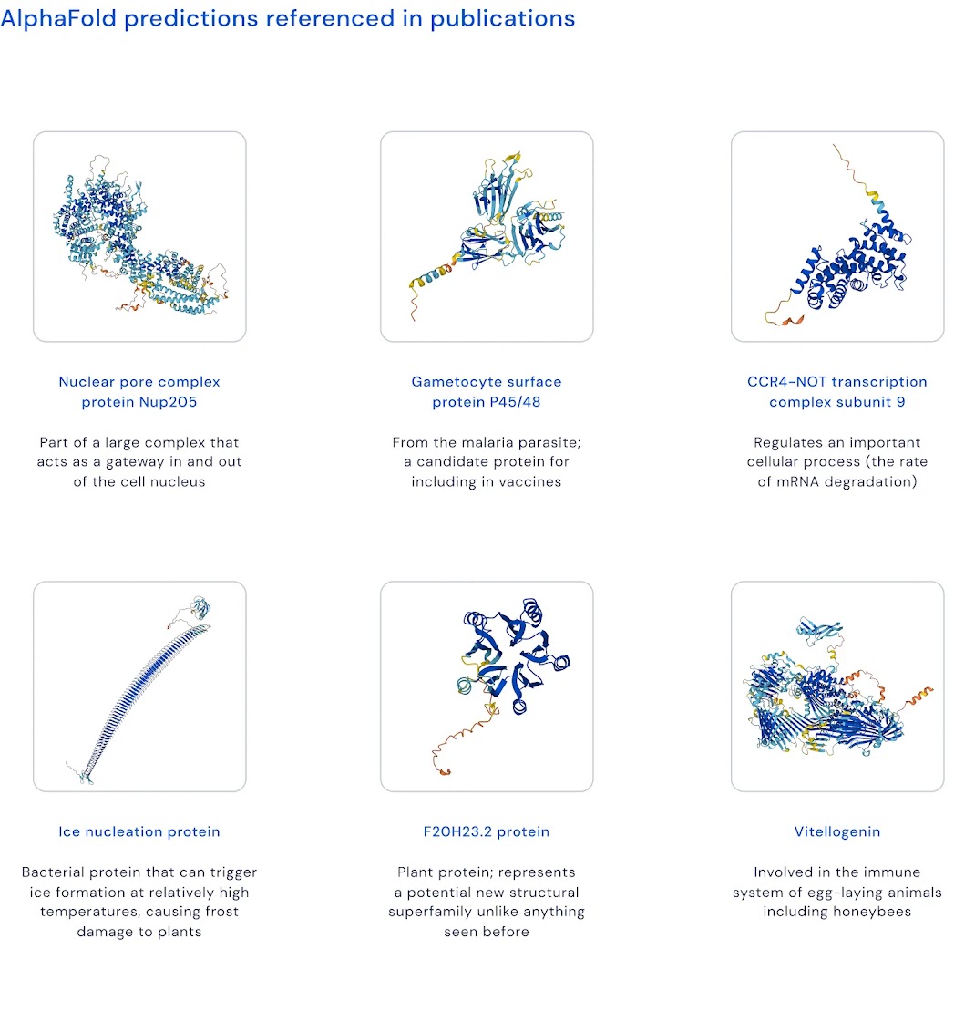 Six designs of AlphaFold predictions referenced in publications. Each one has a short description below it. They are as follows:

Nuclear pore complex protein Nup205.
Part of a large complex that acts as a gateway in and out of the cell nucleus. 

Gametocyte surface protein P45/48.
From the malaria parasite; a candidate protein for including in vaccines.

CCR4–NOT transcription complex subunit 9.
Regulates an important cellular process (the rate of MRNA degradation).

Ice nucleation protein.
Bacterial protein that can trigger ice formation at relatively high temperatures, causing frost damage to plants.

F2OH23.2 protein.
Plant protein; represents a potential new structural superfamily unlike anything seen before. 

Vitellogenin.
Involved in the immune system of egg-laying animals including honeybees.