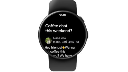 Navigation dans la boîte de réception Gmail, lecture d'un e-mail, puis ajout de cet e-mail aux favoris sur une montre connectée Wear OS.