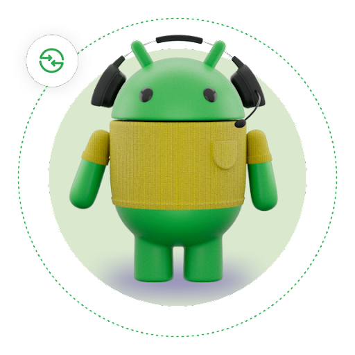 一隻綠色的 Android 機械人戴著耳機，身穿啡色恤衫，一個「快速共享」圖示沿著一條虛線圍著它移動。