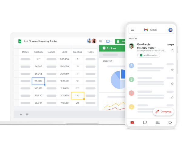 Google Sheets and Gmail UI in desktop and mobile designed to work across devices 