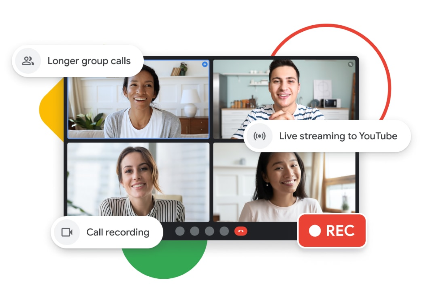 Illustrazione grafica di una chiamata di Google Meet con le funzionalità relative alle chiamate di gruppo più lunghe, ai live streaming su YouTube e alle registrazioni delle chiamate.