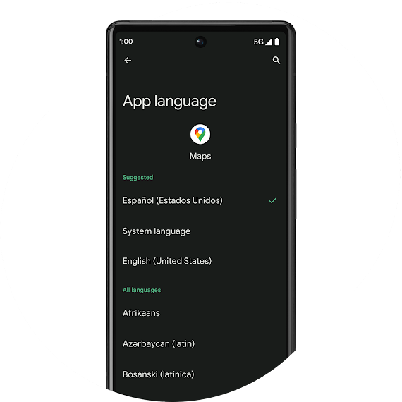 In Settings, App language for Google Maps on an unlocked Android 13 phone is displayed. Español (Estados Unidos) is checked under “Suggested.”
