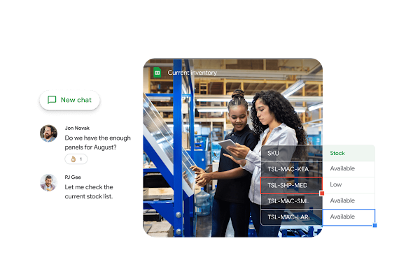 Two people in a manufacturing building using Google Chat and Sheets to assess product development
