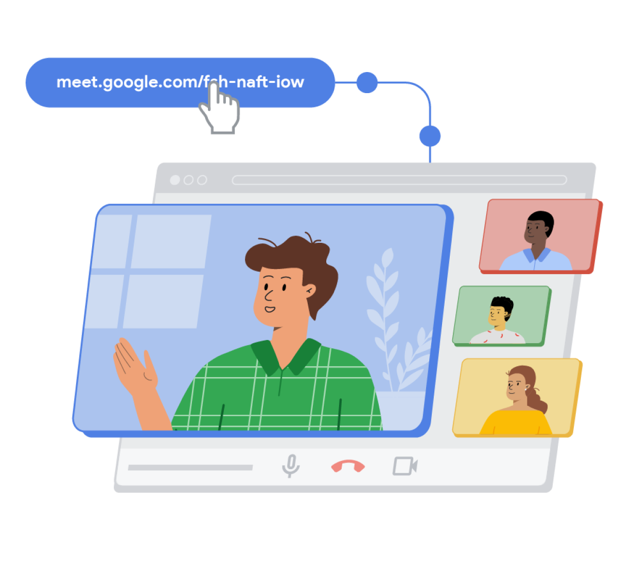 Link de chamada do Google Meet dentro de uma retângulo azul com as bordas arredondadas conectado a uma janela tridimensional de navegador sobreposta por um retângulos azul, um vermelho, um verdes e um amarelo com pessoas de desenho animado, para representar uma chamada em curso.