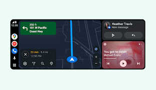 Het nieuwe Android Auto-ontwerp met kaarten, media en meldingen op één breedbeeldscherm.