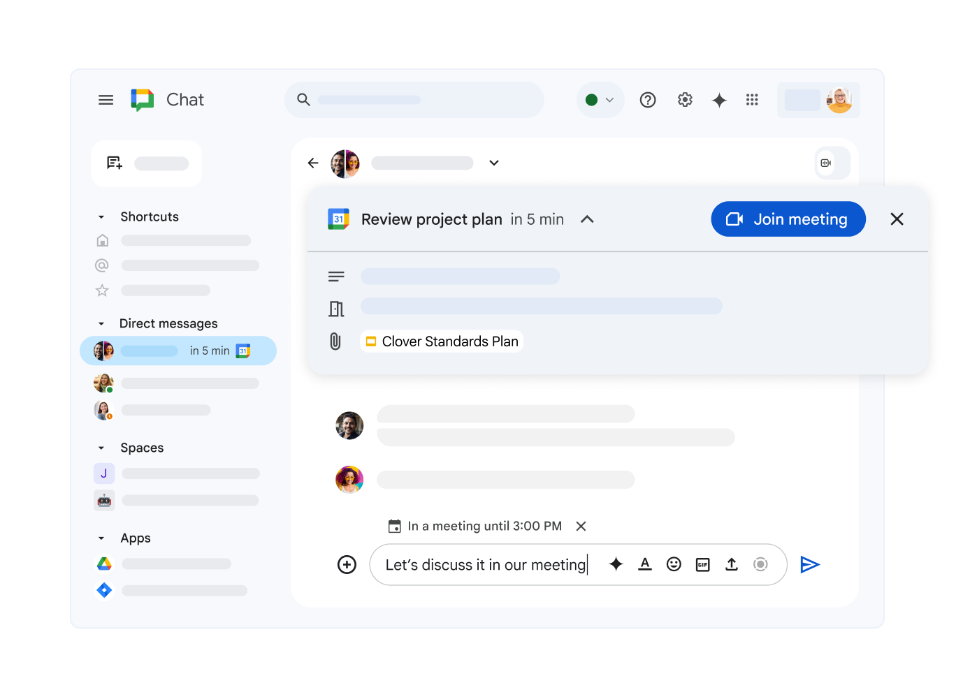 Ventana de Google Chat que muestra una próxima reunión en el Calendario de Google y un vínculo para unirse.