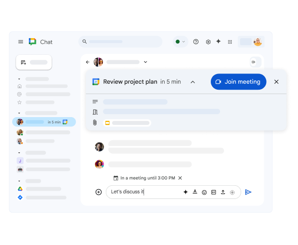 Google Chat 顯示即將到來的 Google 日曆會議，以及參加連結。