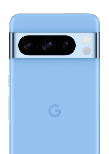 The back of the Google Pixel 8 Pro in blue sitting on a blue background. The 3 cameras are the main feature being shown off. This phone is available for purchase.