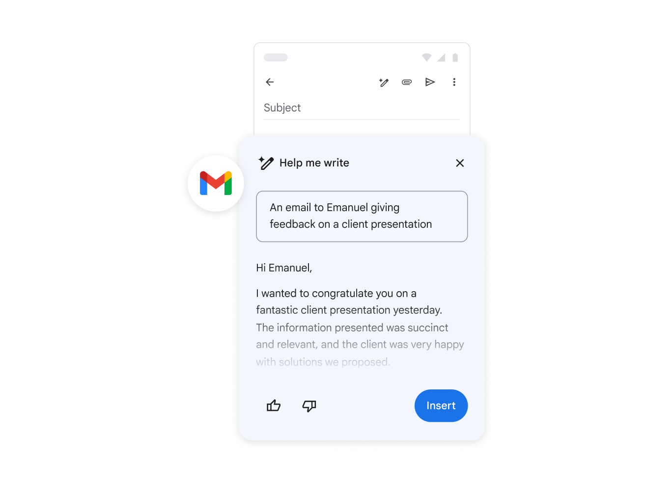 Gemini hjælper en person med at skrive en mail med feedback om en klientpræsentation.