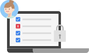 Ilustración de un monitor con una lista de elementos con viñetas: 3 de 4 tienen marcas de verificación azules, pero la segunda tiene una X roja. Una imagen redonda del rostro de una mujer sobre la parte superior izquierda y un candado bloqueado en la parte inferior derecha