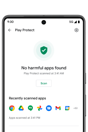 Screen ng Android phone kung saan nakabukas ang Google Play Protect. May berdeng panangga na may icon na checkmark na iniilawan ng mensaheng "Walang nakitang mapaminsalang app" na nag-aalerto sa user na secure ang kanyang telepono