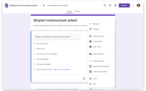 Google Formlar kullanılarak oluşturulan anket.