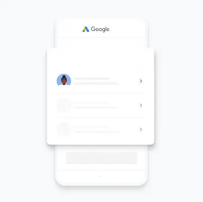 Ilustrācijā ir redzams Google Ads konts, kas tiek atlasīts iestatīšanai Google Ads mobilajā lietotnē.