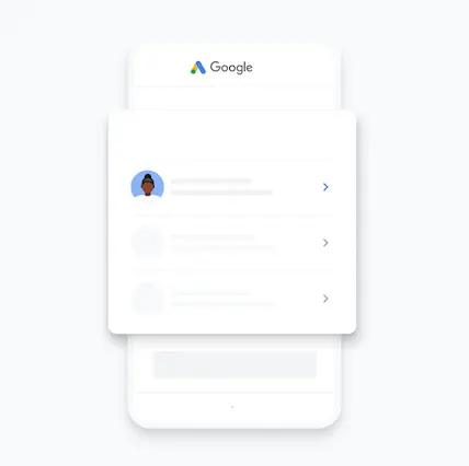 Ilustrācijā ir redzams Google Ads konts, kas tiek atlasīts iestatīšanai Google Ads mobilajā lietotnē.