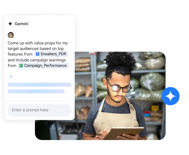 Een man in een bakkerij gebruikt Gemini voor Google Workspace om een tabel te maken voor de verkoopopbrengst in het eerste kwartaal.