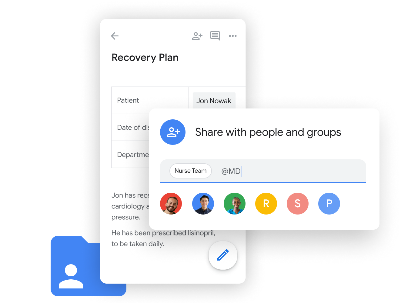 رسم توضيحي في Google Workspace: أحد مقدِّمي الرعاية يشارك خطة تعافي المريض مع أفراد الفريق