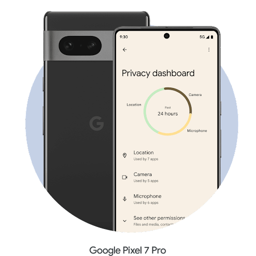 L'écran d'un téléphone Android montrant le tableau de bord Confidentialité d'Android. Plusieurs applis sont affichées, avec leurs statistiques d'utilisation présentées sous forme de portions dans un diagramme circulaire.