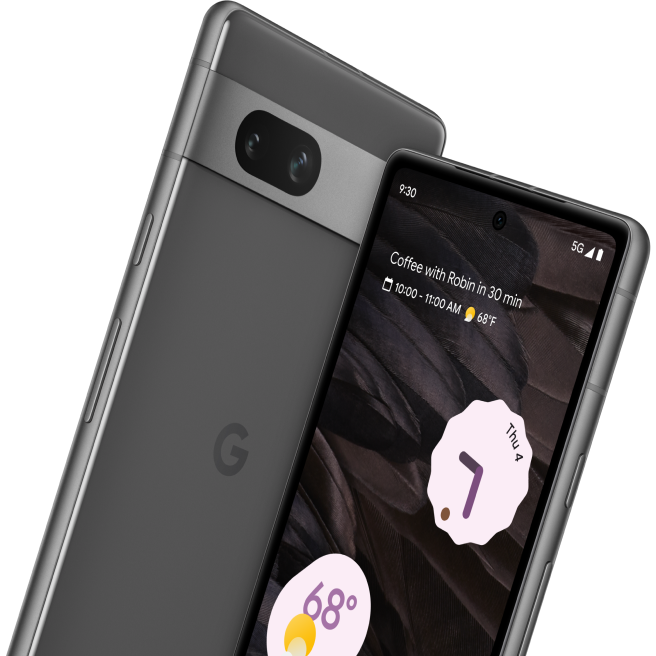 The front and back of a Google Pixel 7a phone.