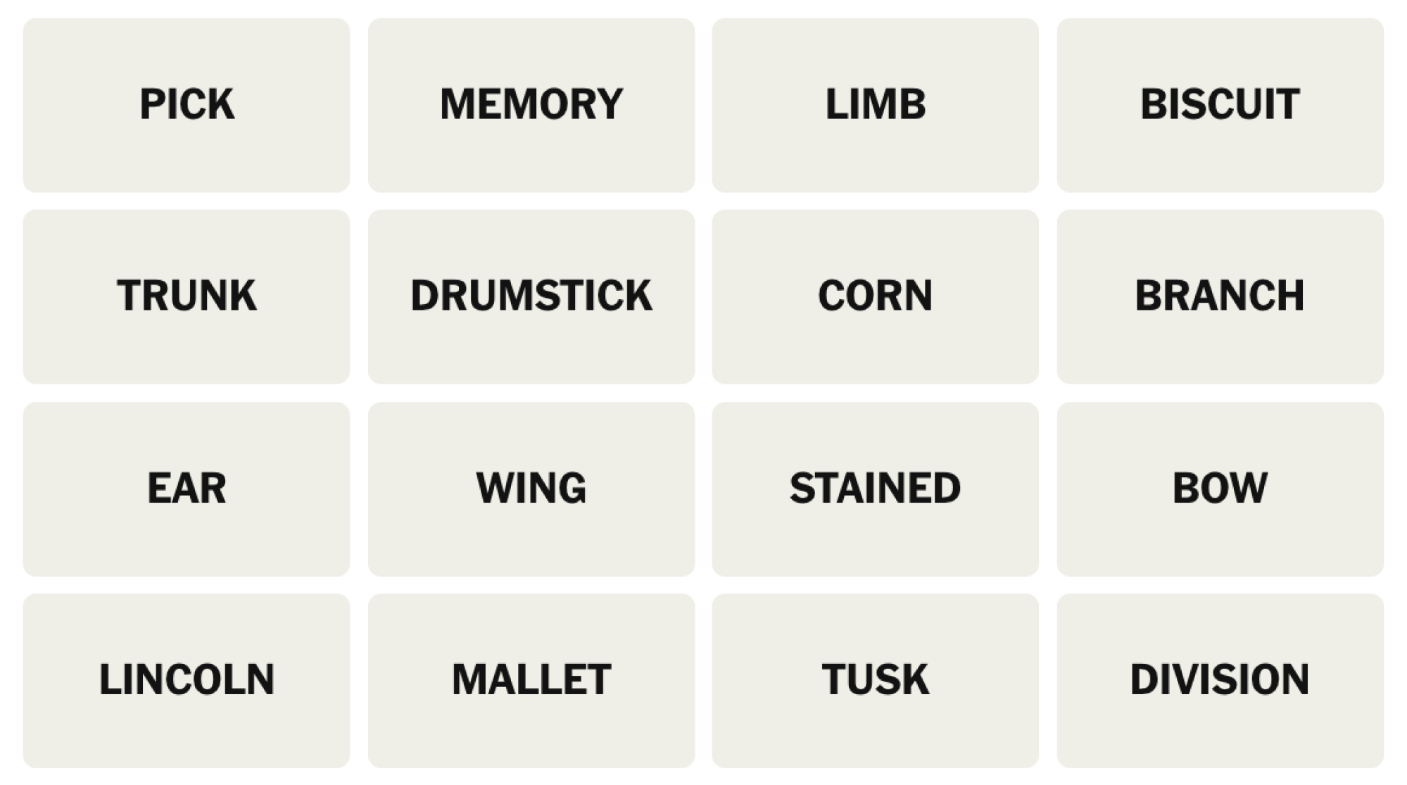 NYT Connections board for January 8, 2025: PICK, MEMORY, LIMB, BISCUIT, TRUNK, DRUMSTICK, CORN, BRANCH, EAR, WING, STAINED, BOW, LINCOLN, MALLET, TUSK, DIVISION.