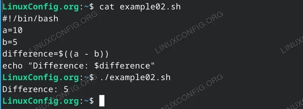 Subtracting one number from another using the $((expression)) syntax.