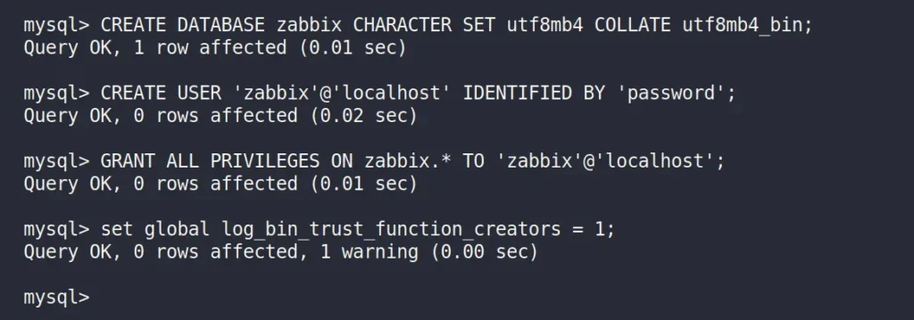 Creating MySQL Database and User for Zabbix
