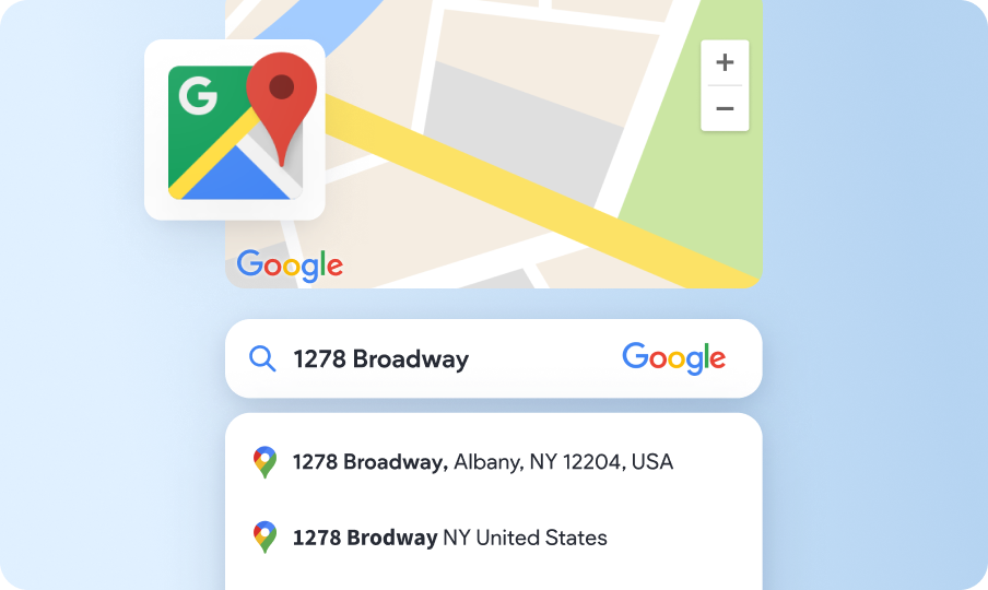 A google maps integration app is shown on a blue background.