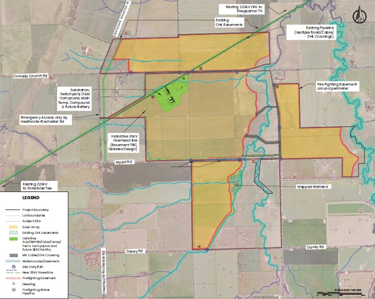 A marked up map of showing highlighted paddocks and annotations as well as a legend.