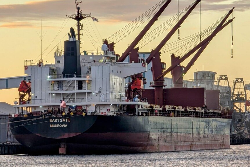 A grain ship at dock, with cranes in the background.