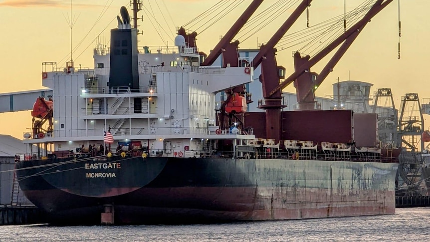 A grain ship at dock, with cranes in the background.