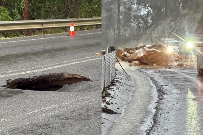 a composite image of sinkhole opened up after the heavy rain in Shoalhaven region and damaged road in Nowra