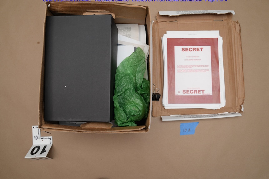 A cardboard box containing documents, and labels saying "TOP SECRET".