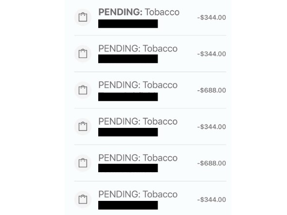 A bank statement showing that six transactions were made to the same local business