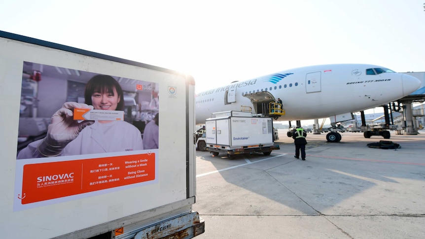 A box filled with Chinese vaccines at an Indonesian airport