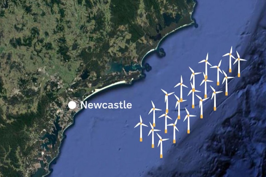 A map shows Newcastle on the Australian coast, with wind turbines in the sea