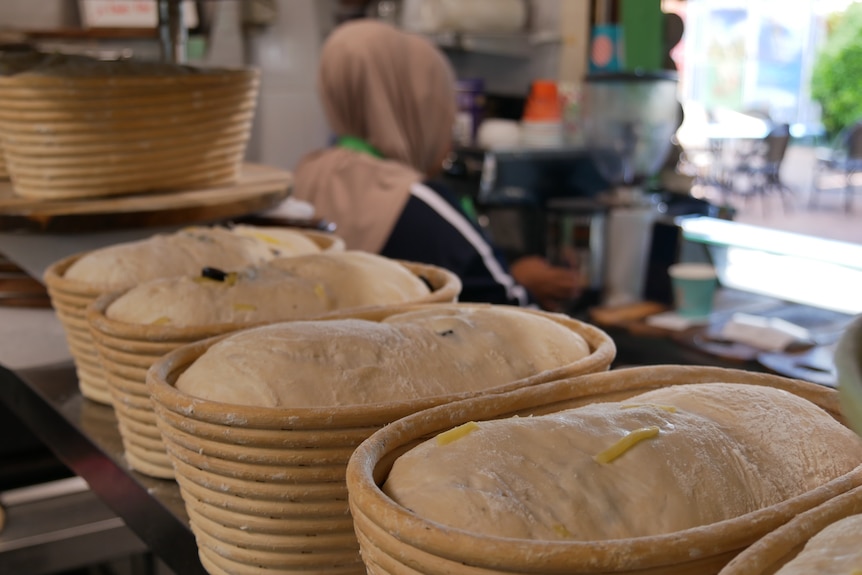Sourdough rests in proofing baskets before baking at Salty's cafe and bakery on the Cocos Islands.